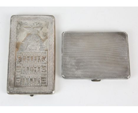 Engine turned silver presentation cigarette case and white metal cigarette case possibly for the Farsi market, and with Zoroa