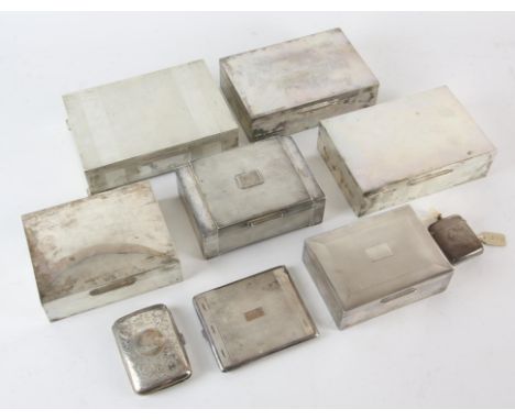 Three engine turned silver cigarette boxes three plain silver cigarette boxes, two cigarette cases and a vesta case various d