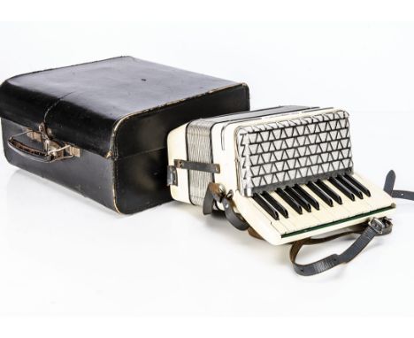 Hohner Accordion, a Hohner Imperial white pearl accordion 12 button with quality case, good condition with two letters missin