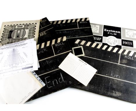 Vintage Film Information Boards, four clapper board style information blackboards (without the clappers) plus two camera focu