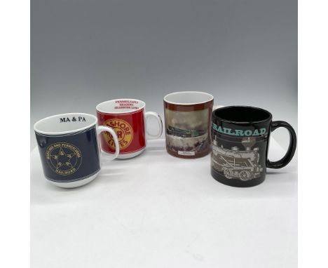 Each mug designed with colorful Railway name or train. Lot includes blue mug Maryland &amp; Pennsylvania Railroad; Cass, W.V.