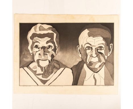 Original double portrait etching on laid paper entitled Grandparents made in a Pop illustration style with shades of black, w