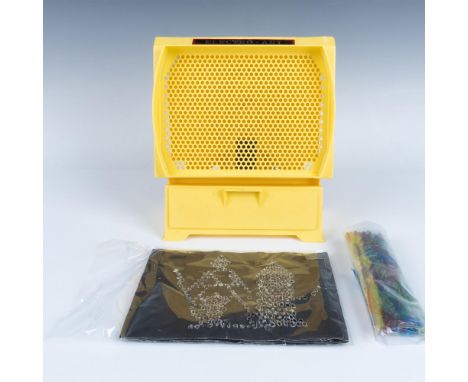 Vintage light box toy with 6 colored plastic pegs and 5 black sheet papers with various designs. The light box is: 9.5"L x 6.