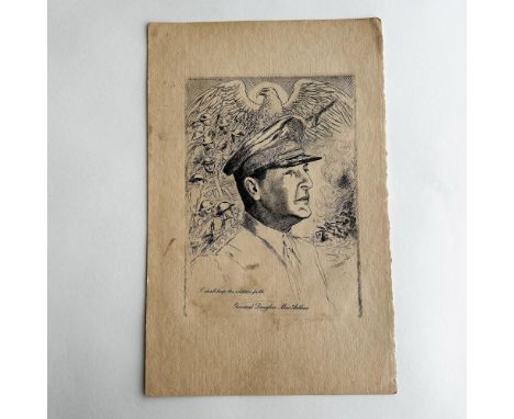 Original etching on laid paper featuring the Portrait of General Douglas Mac Arthur in three-quarter view. He is surrounded b