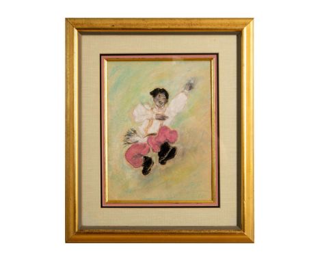 Pastel on paper of a young Russian man dancing the polka in a Neo-Impressionist style. The artist used a palette of pink, cre