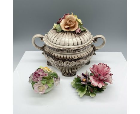 Lovely collection that includes a large doubled handled bowl with a lid that is topped with roses, an Adderly bone China flor