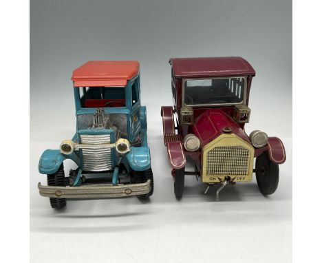 Lot includes Ol' Buddies delivery truck colored in orange and turquoise (10.5"L) and crank motor car colored in burgundy and 