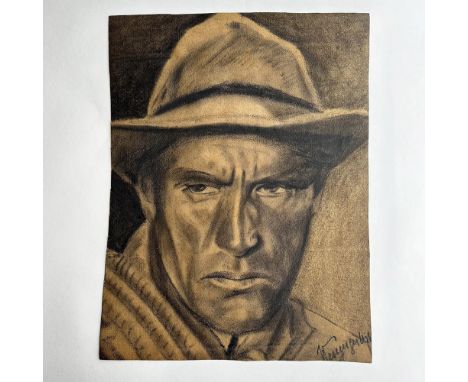 Large original graphite and black chalk drawing on brown laid paper featuring the awesome portrait of a man with a Bolsalino 