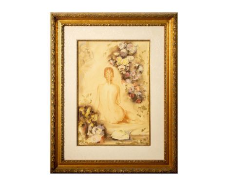 Color serigraph with areas of gold leaf representing a seated nude figure seen from the back and drawn in sanguine. Martin Br