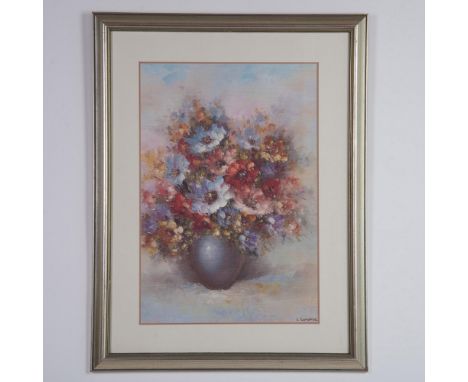 Impressionist style framed poster depicting a vase filled with gorgeous Summer flowers, after an original painting by Italian