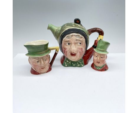 Includes Sairey Gamp covered teapot, Micawber creamer and sugar shaker. Beswick Ware and Beswick-England marked. Teapot: 7.5"