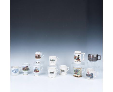 Lovely variety of locomotive designed cup set that includes 3 Philip A Hollar ceramic mugs, 3 pedestal mugs, 2 Northwestern m