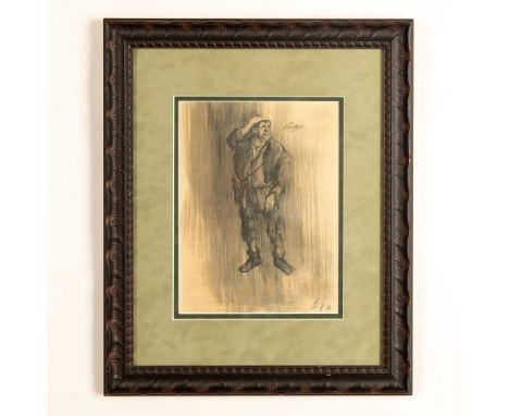 This original graphite on paper made with heavy contours depicts a staggered looking male dressed in raggedy clothes and hold