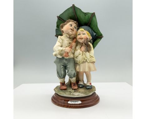 Hand painted resin figure featuring two children and a little dog under a umbrella. Impress artist signature. Attached to woo