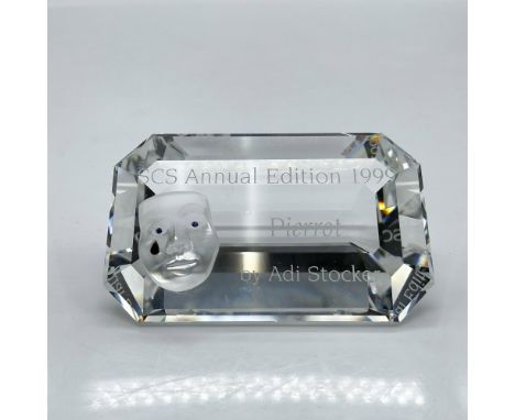 Cut crystal plaque decorated with satin crystal mask of Pierrot. Swarovski backstamp. 231678. This item has its original box: