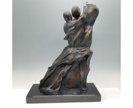 Figural sculpture of couple dancing. Colored in bronze set on black marble base. Steve Miller etched mark. Artist: Steve Mill