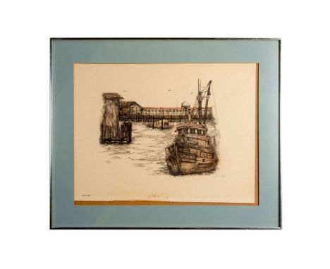 Housed in a silver metal frame with a blue mat. Depicts a colored sketch of fishing boats by the dock. Artist signed in penci