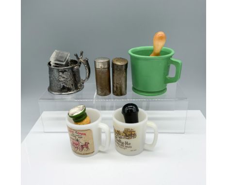 Assorted collection of products used to shave that includes: 2 stage coach designed shaving cups, a rubber shaving mug, a sha