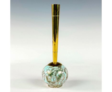 Turquoise with lustre finish and branch patterning. Round body. Narrow brass spout. Hand Painted Delft Holland on bottom. Thi
