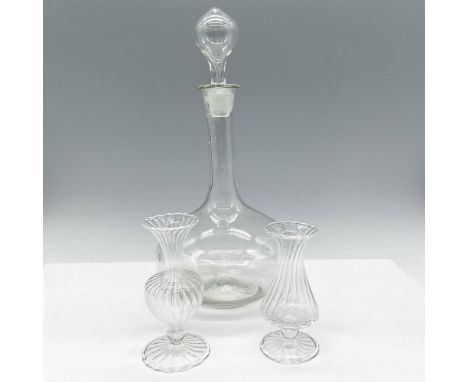 Clear glass bud decanter with slender neck and etched vine and floral decoration with stopper (12"H x 5.5" dia.) and two smal