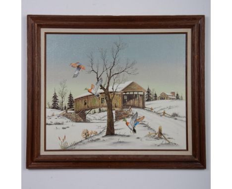 Original hand-embellished color serigraph on canvas by Korean-American artist C. Carson who depicts a snowy rural Americana s