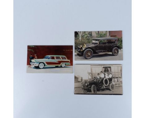 Three postcards with automobile images that includes a black and white photo of four people in a classic Model T, a vibrant i