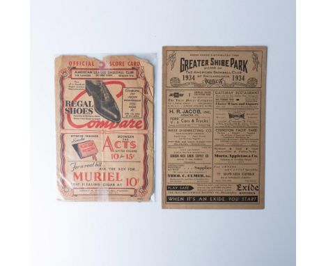 This pair of baseball memorabilia includes a 1934 scorecard from the Philadelphia American Baseball Club and a 1936 scorecard