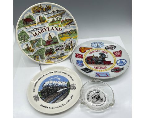 Porcelain plates include Maryland; America's Great Railroads; Lake Shore Pioneer Chapter Ohio; and Black Hills Central Railro