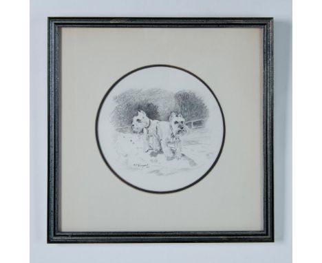 Graphite on paper drawing in a tondo of two miniature white Schnauzers that the artist portrays realistically in an outside s