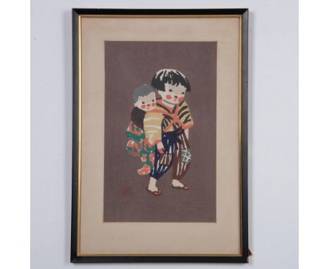 Original color woodcut on paper depicting two Children in Aizu by Japanese Master Kiyoshi Saito, a pivotal member of the Sosa