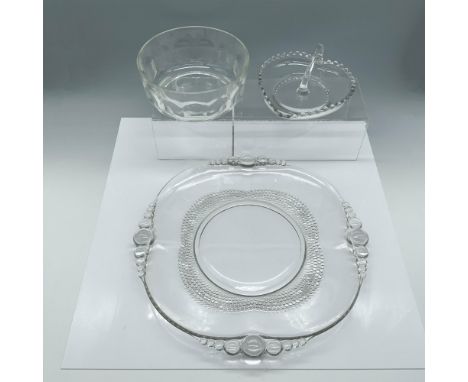 Eclectic glassware set including: a beautiful clear Teardrop Platter by Duncan and Miller (13.25"W x 1"H), a unique Heart Sha