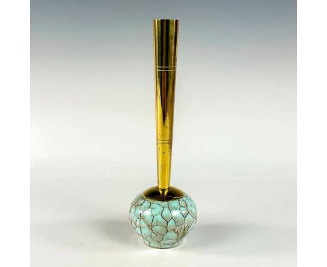 Turquoise with lustre finish and branch patterning. Round body. Narrow brass spout. Hand Painted Delft Holland on bottom. Thi