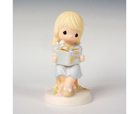 Modeled as Filled With Wonder and Awe in The Holy Spirit. Features a little blonde girl seated, reading the bible. Precious M