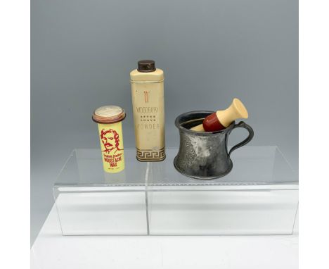 Handsome collection of products used to shave that includes: a shaving mug etched with florals Wallace Bros Silver Co backsta