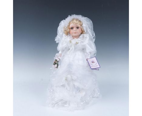 Limited edition, hand crafted and hand painted bride with multilayered white satin dress, lace outer layer embellished with f