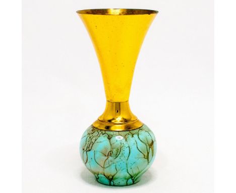 Turquoise vase with lustre finish and branch patterning. Round body. Brass spout. 'Handpainted, Delft, Holland' backstamp. #d