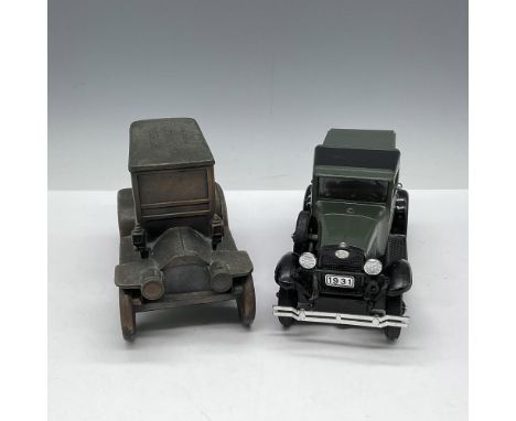 Burnished metal First Federal Savings car bank (5.5"L) and green metal Bell System 1931 car (6"L). Yorkshire and Banthrico ma