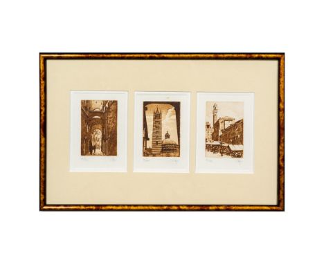 Three beautiful original aquatints on paper of Italian vistas are combined in one frame. They include intimate views of Sienn