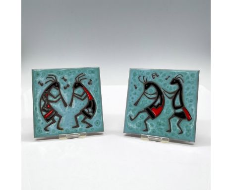 Handcrafted colorful Southwestern designed enameled tiles with flute player colored in turquoise, red and black. Tiles design