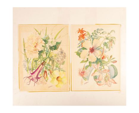 Set of two beautifully executed original botanical watercolors and graphite on paper of stacks of delicate flowers painted wi