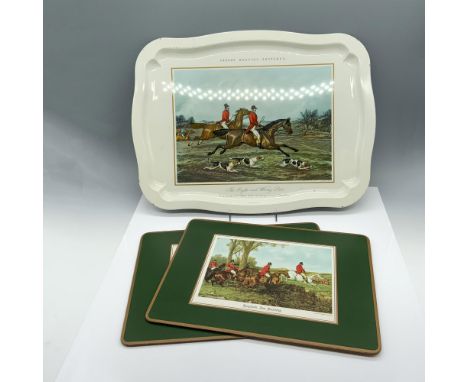 Handsome collection that depicts gentlemen riding on their horses and consists of a large dinner tray and two rectangular mat