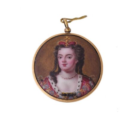 
	
		Continental School (19th century)
		A young Queen, wearing red dress trimmed with ermine fur, single strand pearl neckla