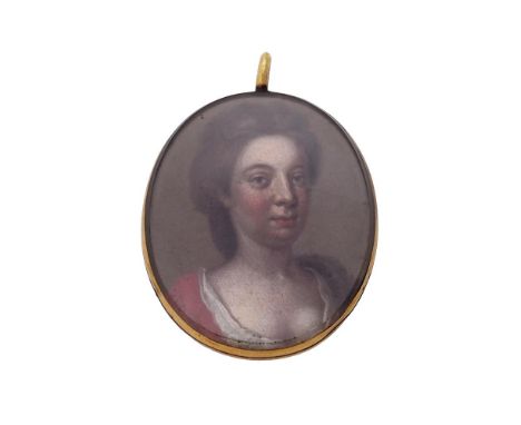 
	
		English School (18th century)
		Double-sided portrait miniature of a lady and a gentleman; she wearing red dress with wh