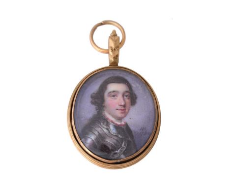 
	
		Nathaniel Hone (British 1718-1784)
		A gentleman, wearing armour, his brown wig worn en queue
		Enamel, oval
		Signed wi