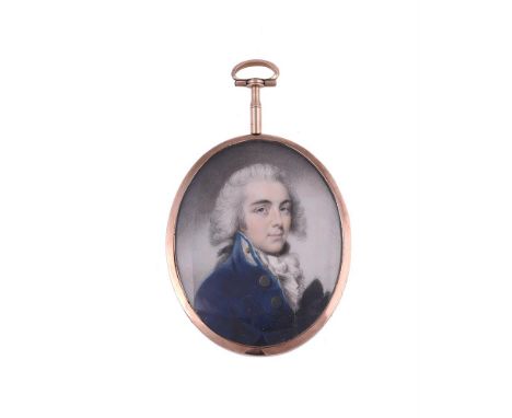 
	
		Y&nbsp;English School (18th century)
		A gentleman, wearing blue coat with gold buttons, white detailed standing collar,