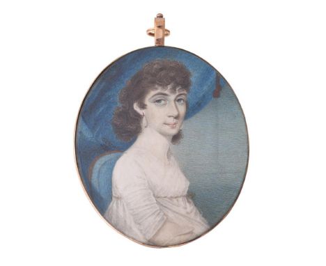 
	
		Y&nbsp;W. Thick(e) (British fl.1787-1848)
		A lady, wearing white dress and pearl drop earrings, her dark hair curled, s