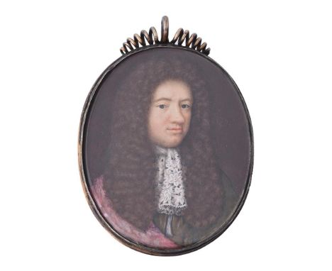 
	
		English School (17th century)
		A gentleman, wearing brown jacket with pink cloak, lace collar, his natural wig worn lon
