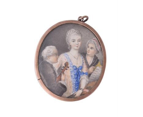 
	
		French School (18th century)
		A musical group, depicting two women and a man with a violin
		Watercolour on paper, oval