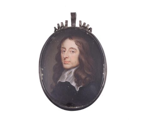 
	
		English School (late 17th century)
		A gentleman, wearing black doublet with lawn collar, his natural hair curled and wo