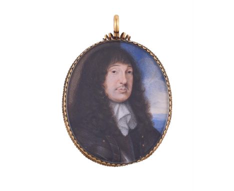 
	
		Nicholas Dixon (British fl. c.1660-1708)
		A gentleman, wearing armour, lace jabot, his wig curled and worn long
		Water